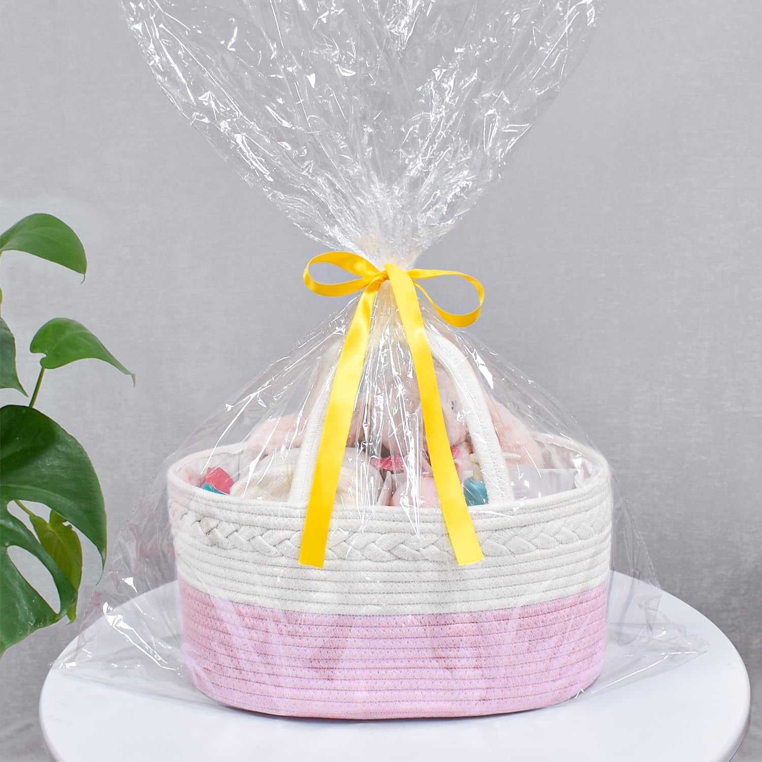 Diaper Caddy Organizer, Rope Woven Storage Baske, Pink | Cotton Rope, Nursery Storage Basket for Car & Changing Table | Holds Diapers, Wipes & Baby Essentials | Durable