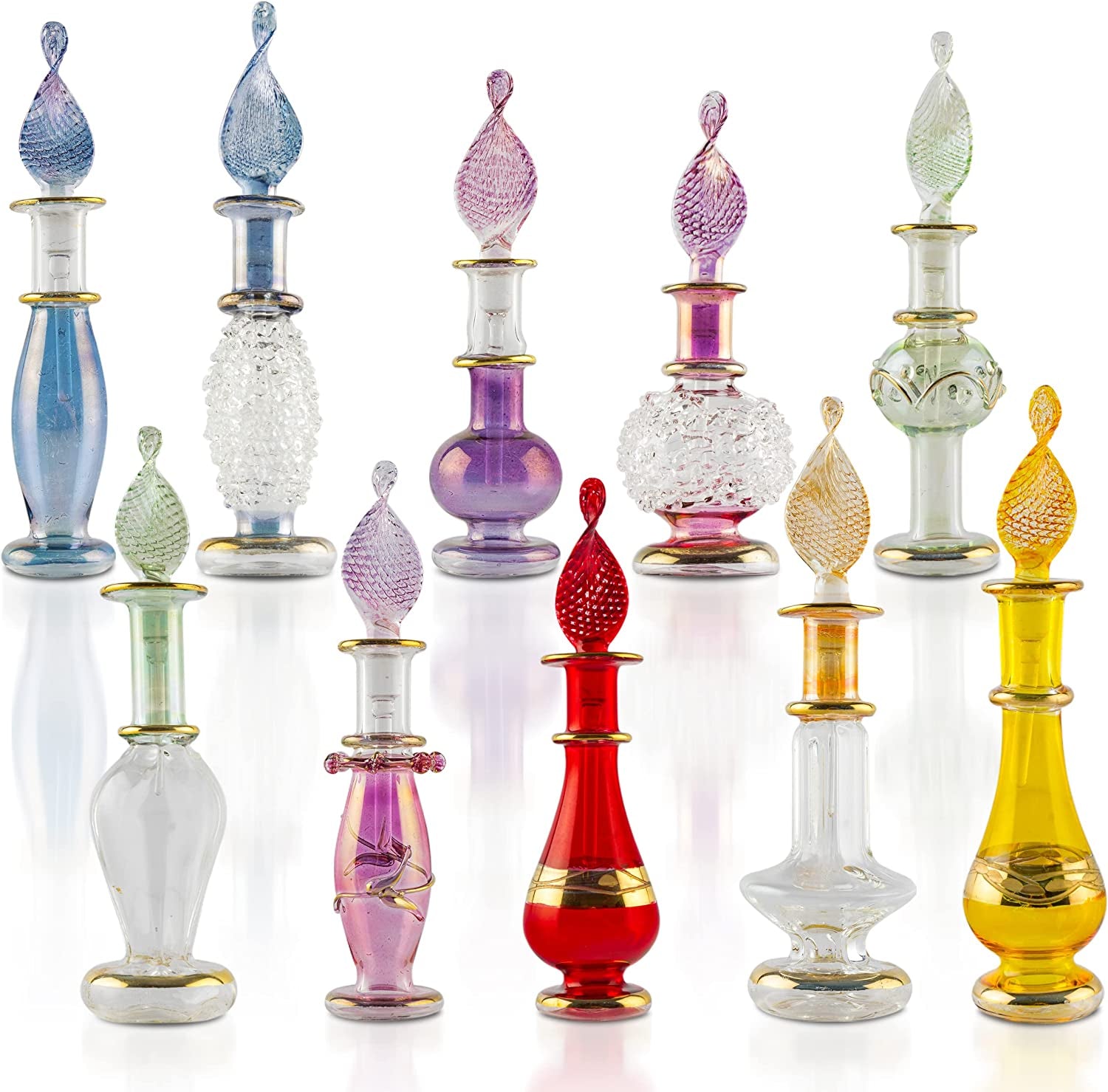 Genie Blown Glass Miniature Perfume Bottles for Perfumes & Essential Oils, Set of 10 Decorative Vials, Each 2" High (5Cm), Assorted Colors (Set of 10)