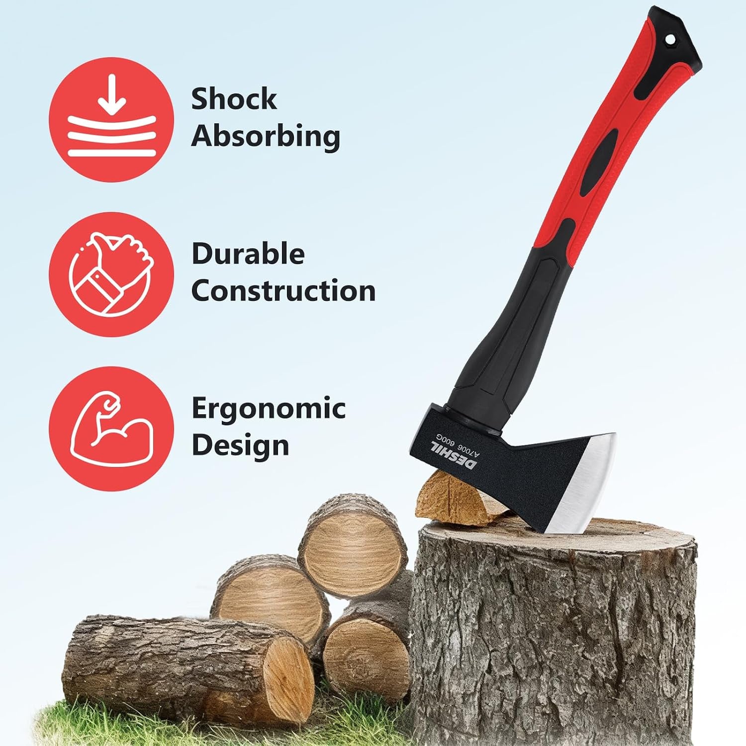 15-Inch Camping Hatchet Axe Outdoor Hatchet with Sheath | 45 Carbon Steel Blade, Shock-Absorbing Fiberglass Grip, Axe for Camping, Kindling, Hiking, and Outdoor Wood Splitting
