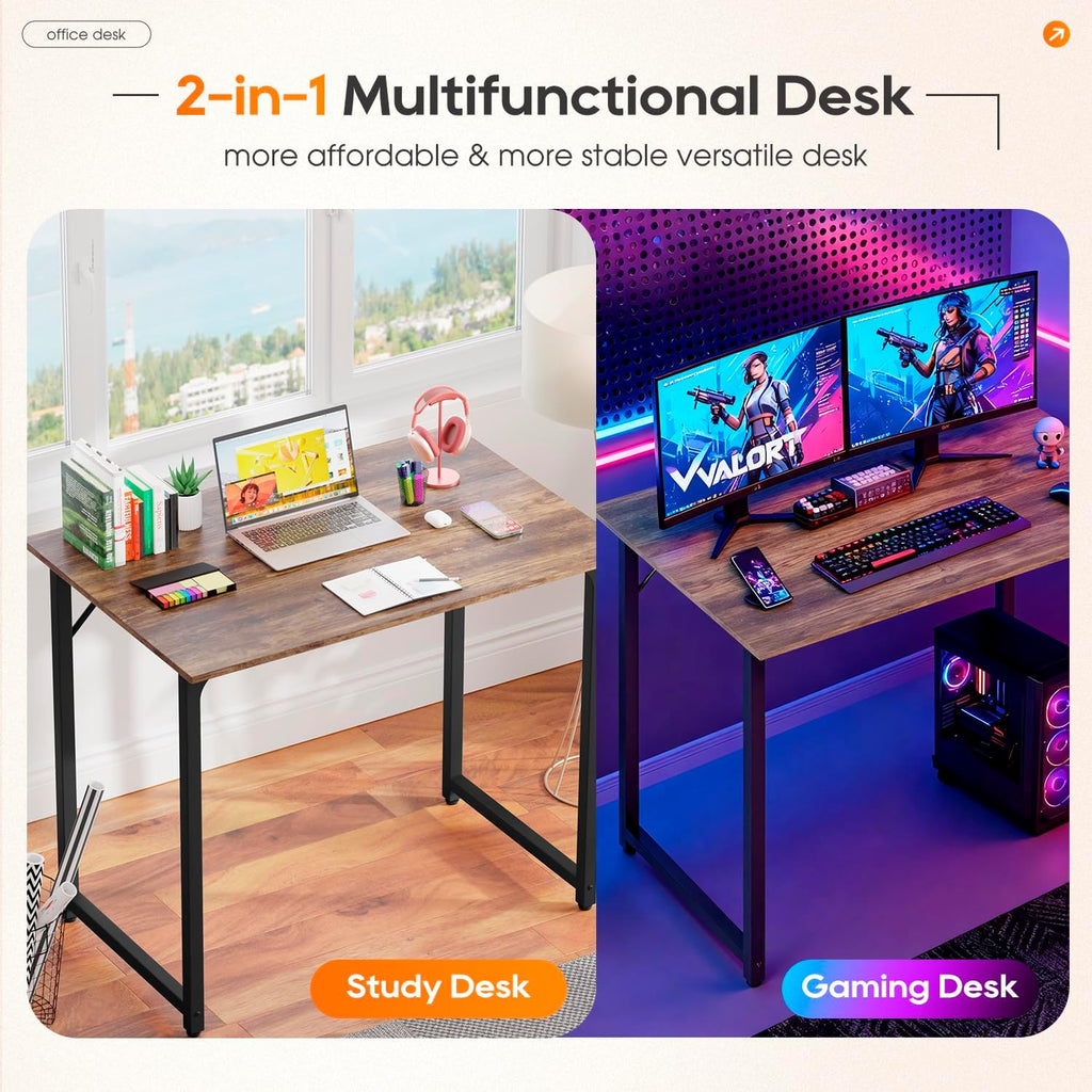 | 32 Inch Computer Desk | Brown | Sturdy Office Desk | Metal Frame, Adjustable Feet | Water-Resistant, Scratchproof Surface | Writing Table for Home Office or Study | Pack of 1