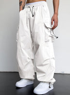 Mens Loose Fit Drawstring Y2K Baggy Parachute Cargo Pants | Harem Joggers, Utility Flap, Deep Side Pockets, Elastic Waistband, Adjustable Hem, Streetwear, Casual Wear, Outdoor Hiking
