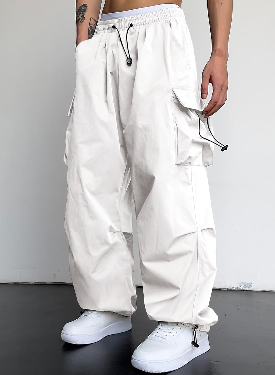 Mens Loose Fit Drawstring Y2K Baggy Parachute Cargo Pants | Harem Joggers, Utility Flap, Deep Side Pockets, Elastic Waistband, Adjustable Hem, Streetwear, Casual Wear, Outdoor Hiking