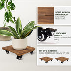 2Pack Wood Plant Caddy with Wheels Heavy Duty, 264 Lbs Capacity, Upgraded 12 Inch Acacia Hardwood Plant Dolly, Plant Stand with 360° Lockable Wheels, Plant Caster for Heavy Objects Hauling - Natural Wood