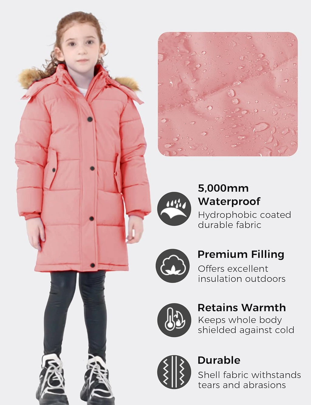 Girls' Waterproof Winter Coat Long Puffer Jacket Warm Parka Hooded | 5000Mm Waterproof,Removable Faux Fur Hood,Fleece-Linning,Snap Pockets,Machine Washable