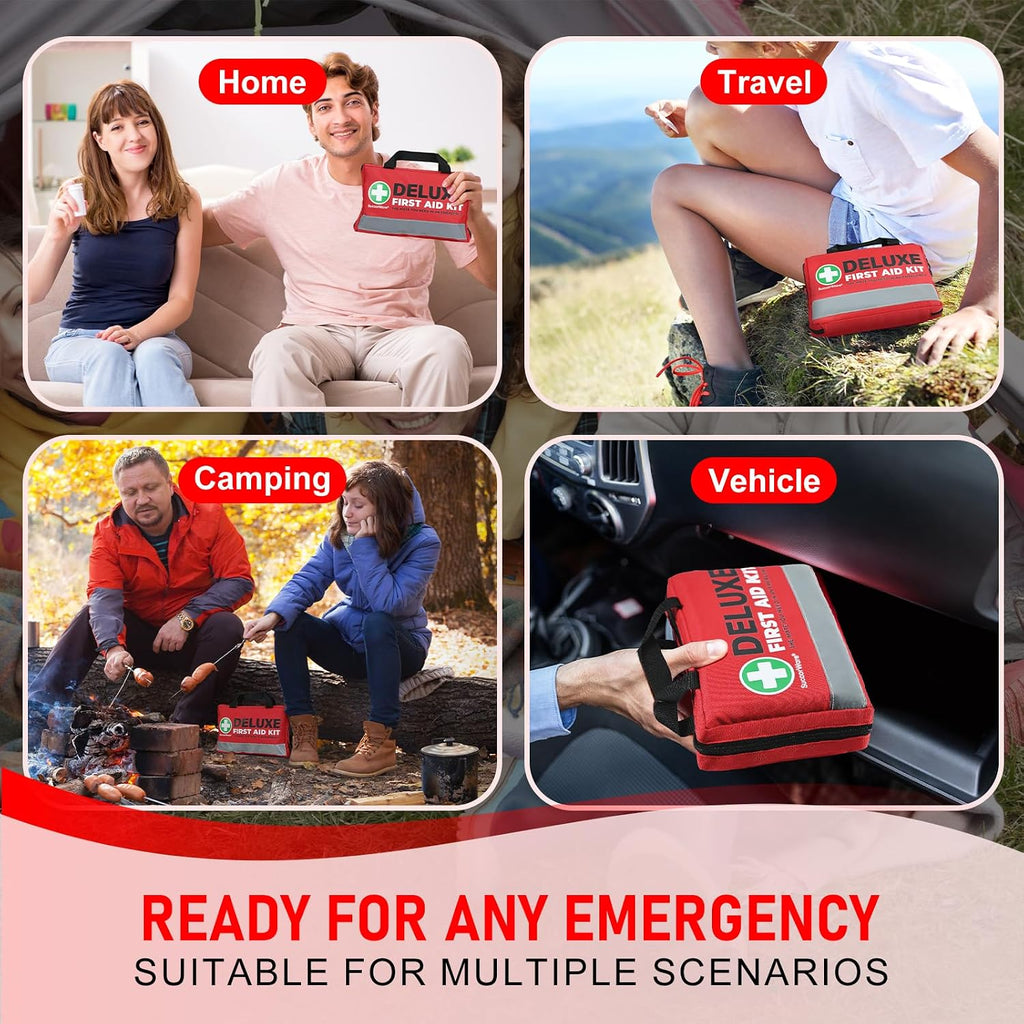 380 Pieces Deluxe First Aid Kit Compact Trauma Medical Kits with Assorted Bandages, Instant Cold Pack, Emergency Blanket for Home, Travel, Camping, Vehicle, Emergency Kits(Red)