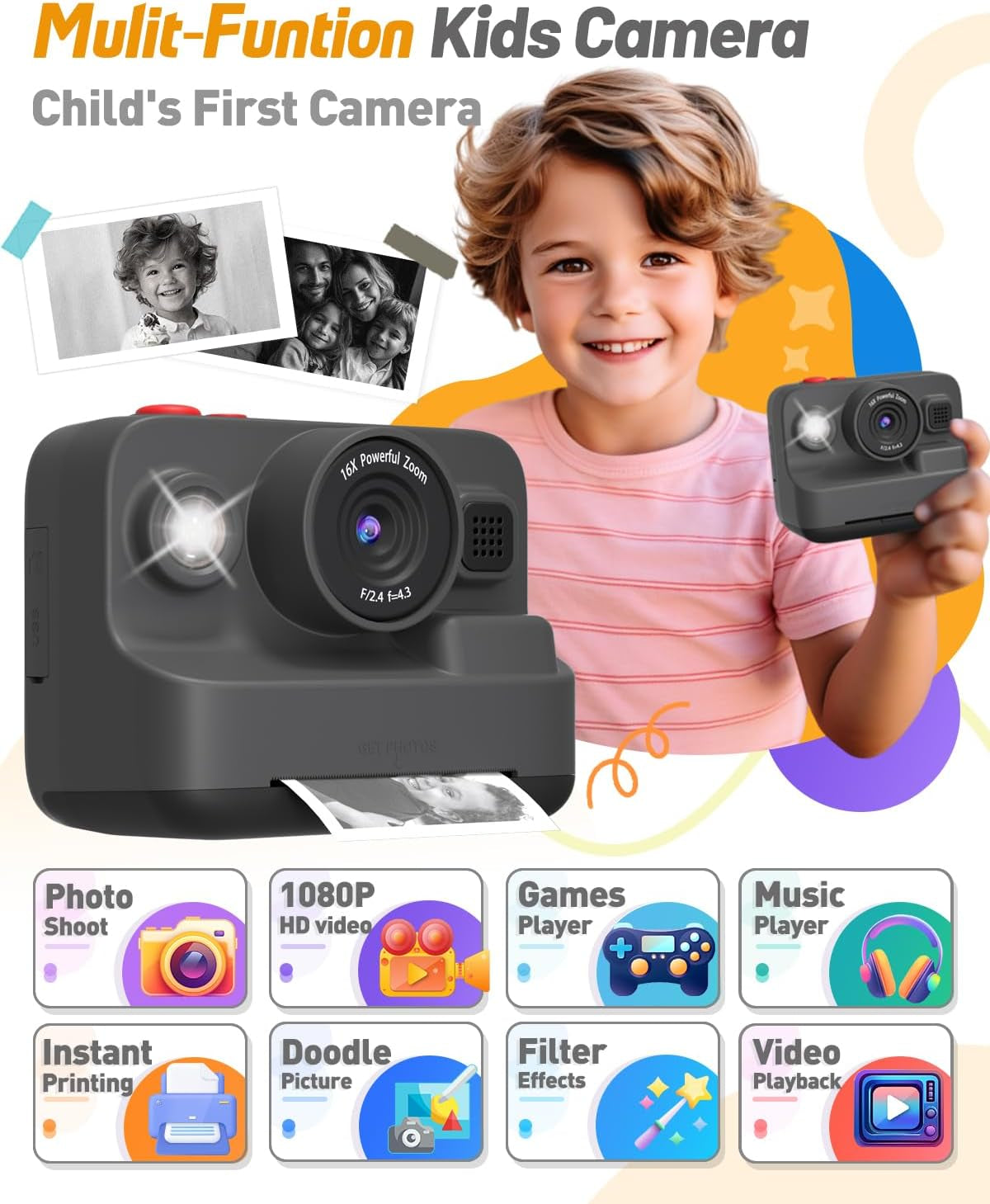 Kids Camera Instant Print,2.4In Screen 1080P Kids Digital Camera Toys with 3 Rolls Print Paper 32G Card + 10 Rolls Print Paper