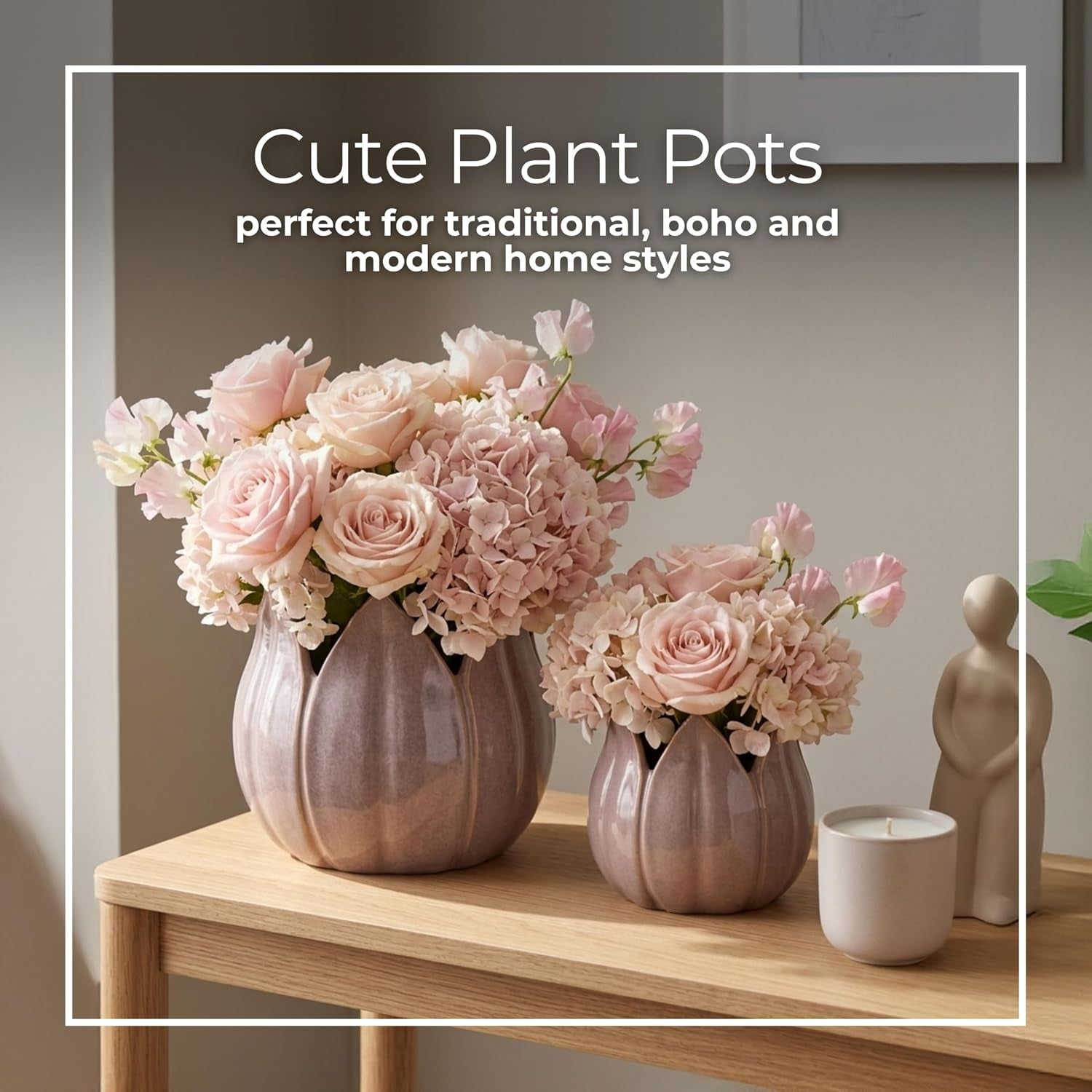 Flower Pots for Home Decor – Ceramic Petal Shaped Planters for Indoor and Outdoor Plants – Decorative Plant Pots That Work with Any Plant Perfect for Garden or Patio Decor; Set of 2 – 7", 5" Purple