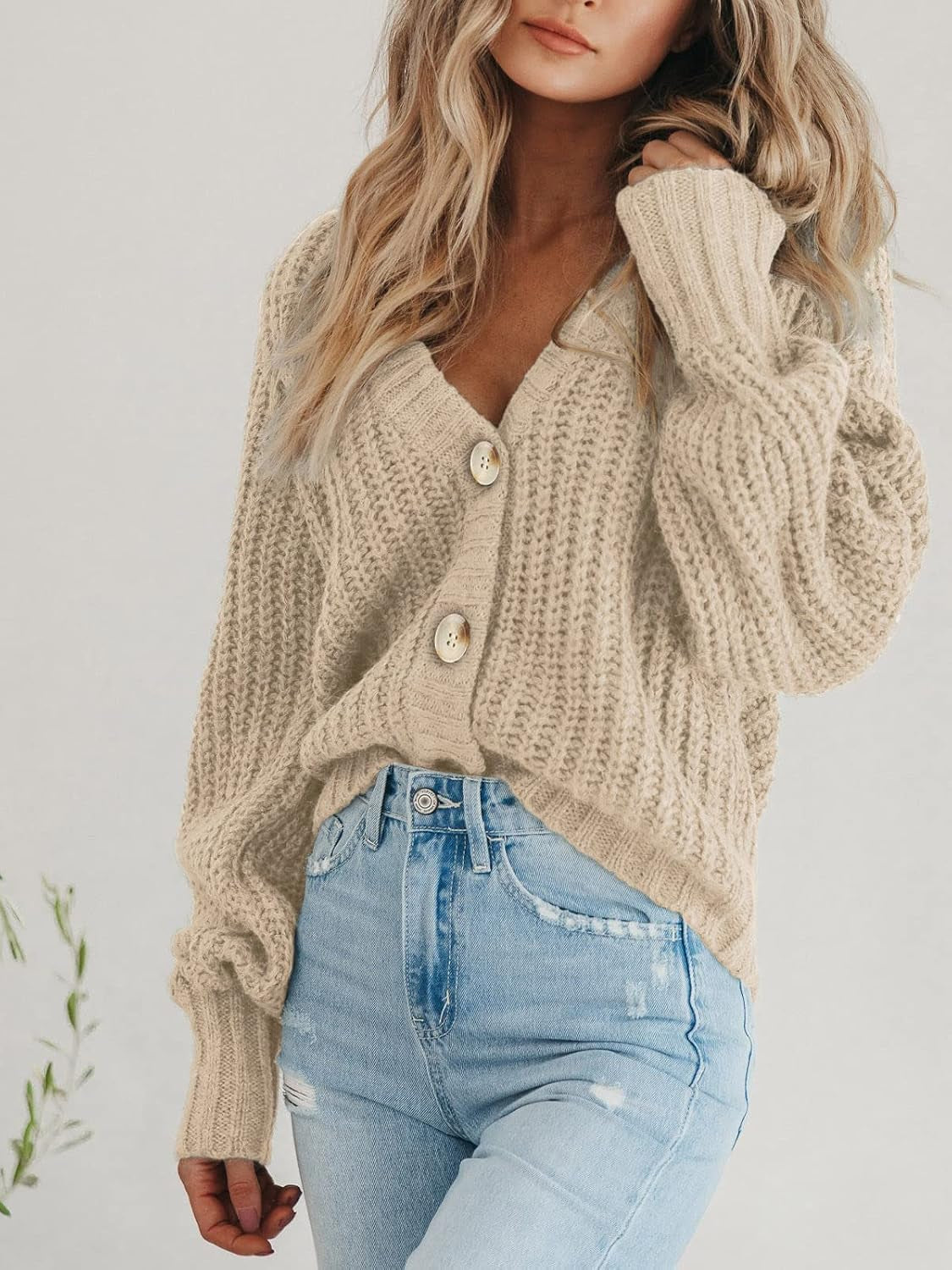 Women'S Chunky Knit Open Front Cardigan Sweaters Fall Outfits | V Neck Button Loose Short Cardigan Outerwear Coats, Slouchy Drop Shoulder Loose Cute Sweaters, Fall Clothes for Work & Office