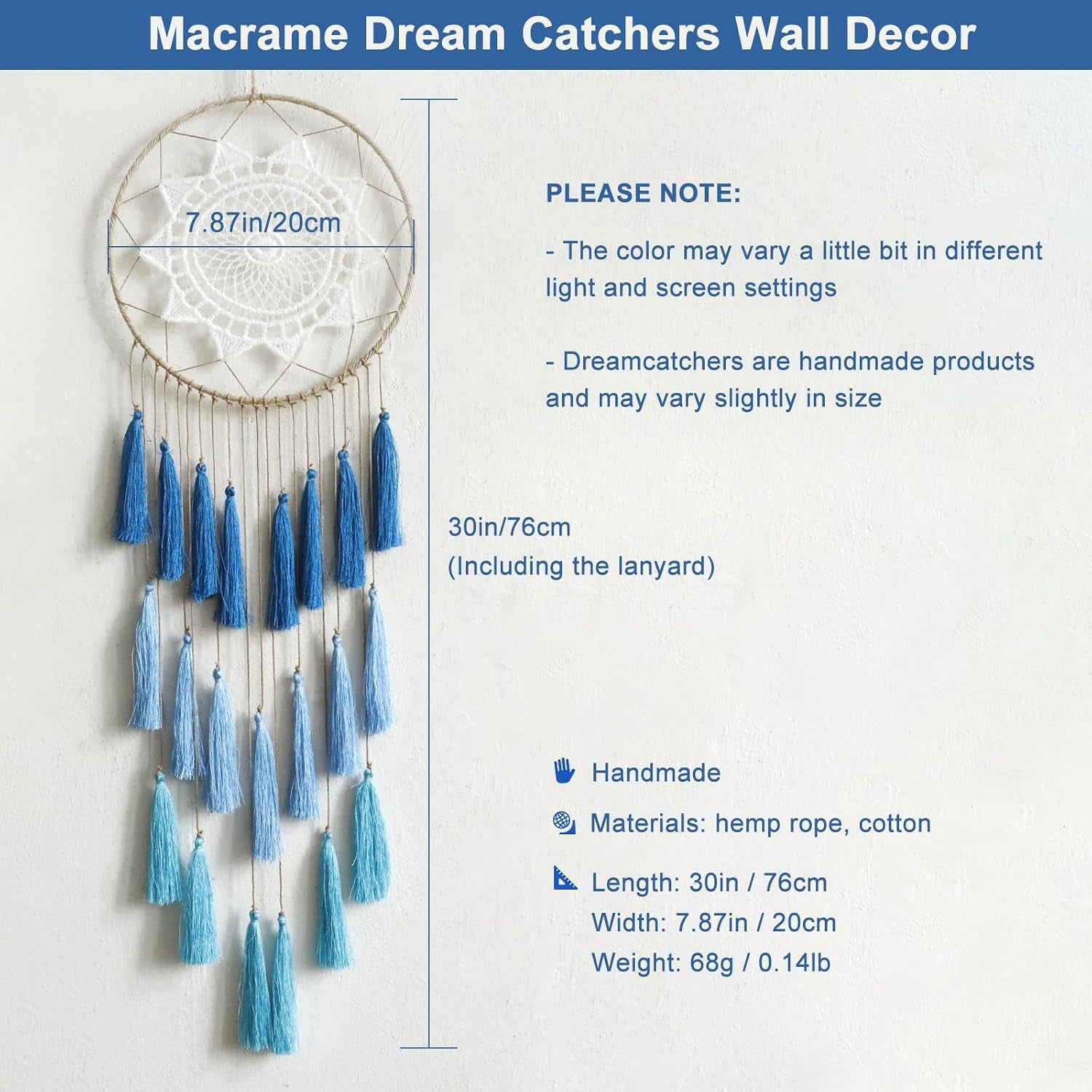 Macrame Dream Catcher Wall Hanging, Blue Large Boho Bedroom Decor | Handmade Tassel Feather Ornament, Natural Cotton, Modern Chic Living Room Nursery Art Decor, Blessing Gift for Women Girls