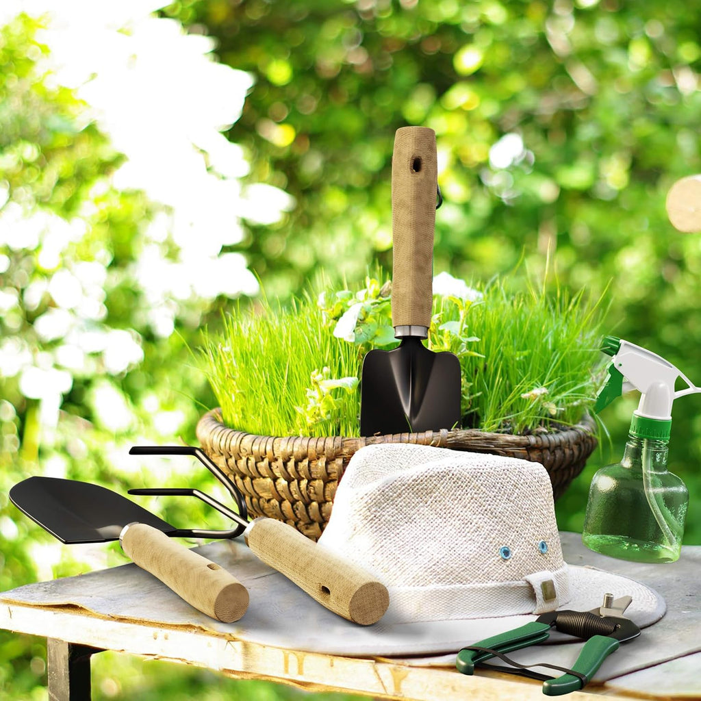 8-Piece Garden Hand Tool Set - Canvas Tote Gardening Tool Kit with Snip, Pruner, Rake, Trowel, Shovel, Spray Bottle, and Soft Wire Tie by