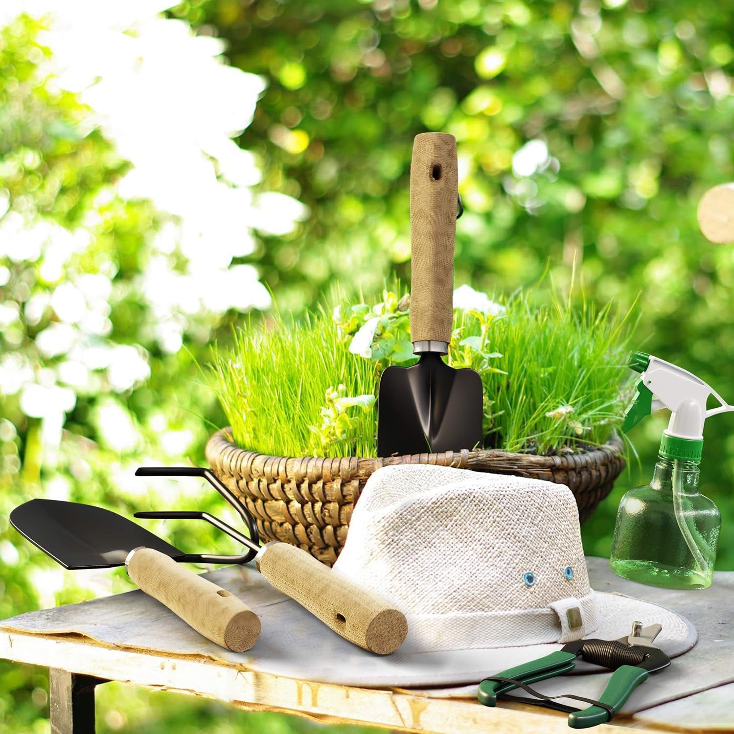 8-Piece Garden Hand Tool Set - Canvas Tote Gardening Tool Kit with Snip, Pruner, Rake, Trowel, Shovel, Spray Bottle, and Soft Wire Tie by