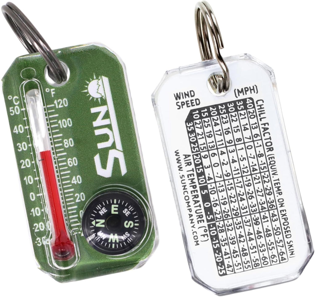 Therm-O-Compass | Multi-Functional Zipper Pull Compass & Thermometer with Wind Chill Chart | Ideal for Camping, Hiking, and Outdoor Navigation