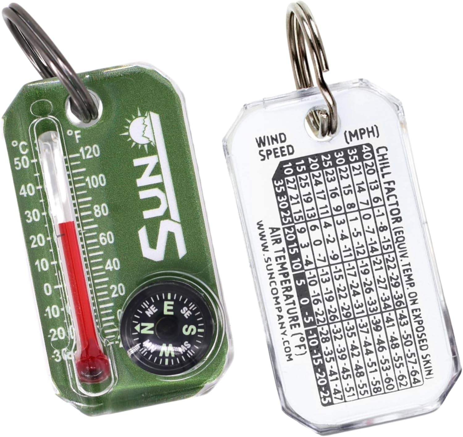Therm-O-Compass | Multi-Functional Zipper Pull Compass & Thermometer with Wind Chill Chart | Ideal for Camping, Hiking, and Outdoor Navigation