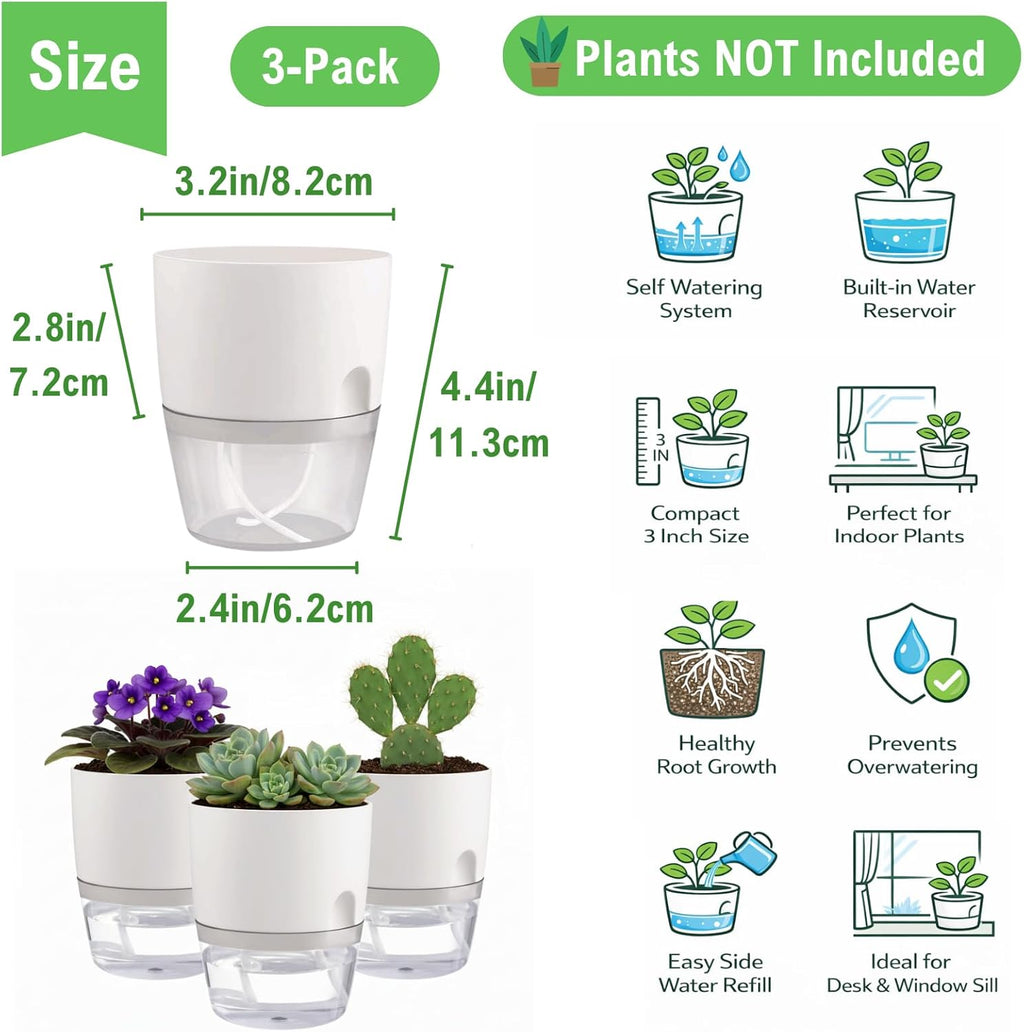 3.2 Inch Self Watering Planters 3 Pack Plastic Wicking Pots White | Modern Self-Watering Pots for African Violets Herbs and Small Plants Perfect for Windowsill Gardening