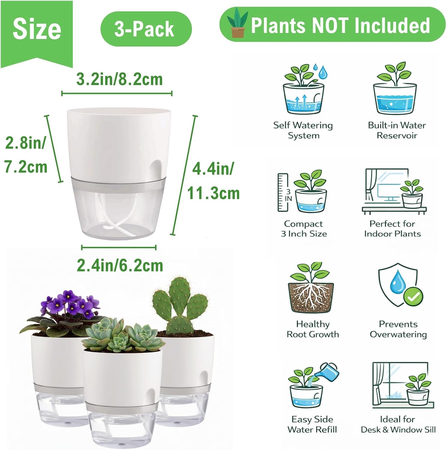 3.2 Inch Self Watering Planters 3 Pack Plastic Wicking Pots White | Modern Self-Watering Pots for African Violets Herbs and Small Plants Perfect for Windowsill Gardening