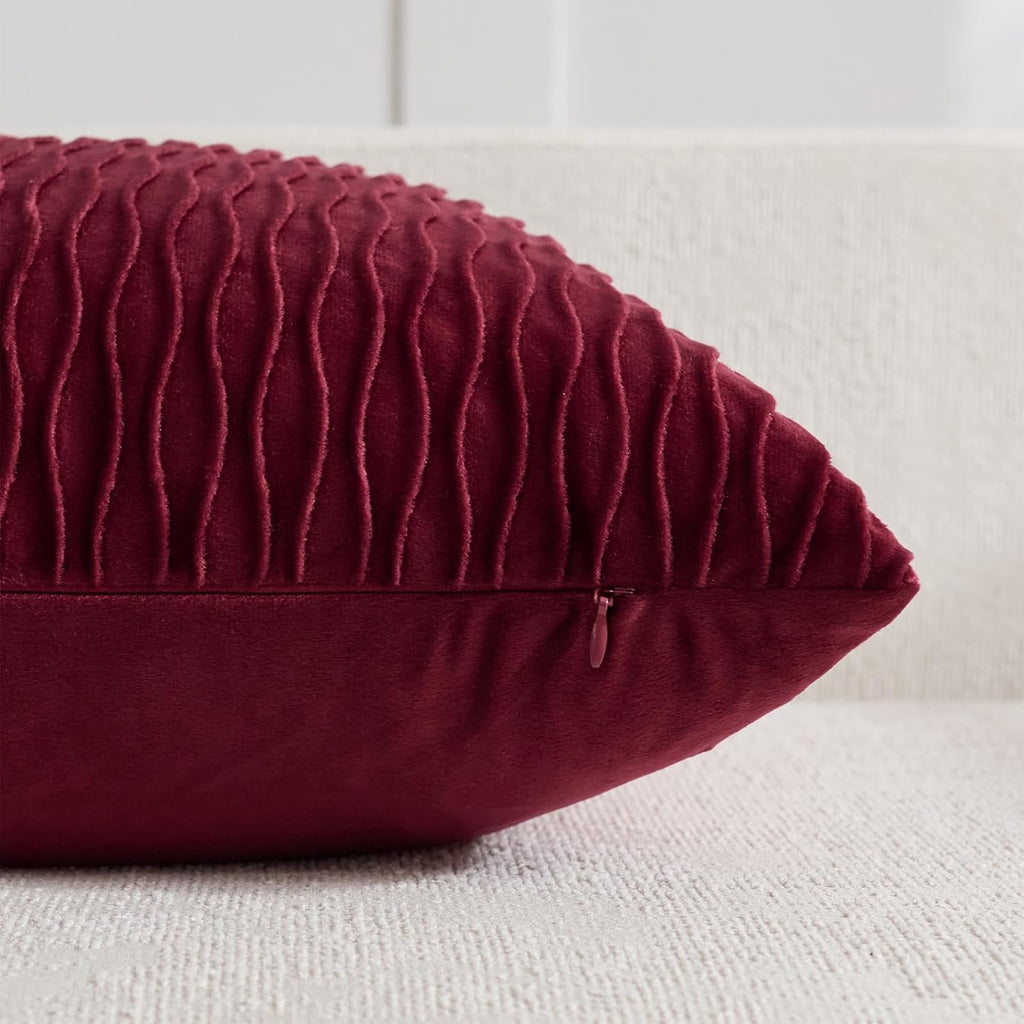 Burgundy Throw Pillow Covers: Pack of 2 24X24 Inch Vertical Ripple Striped Velvet Square Decorative Pillow Cases for Farmhouse Couch Sofa Bed Living Room Home Decor