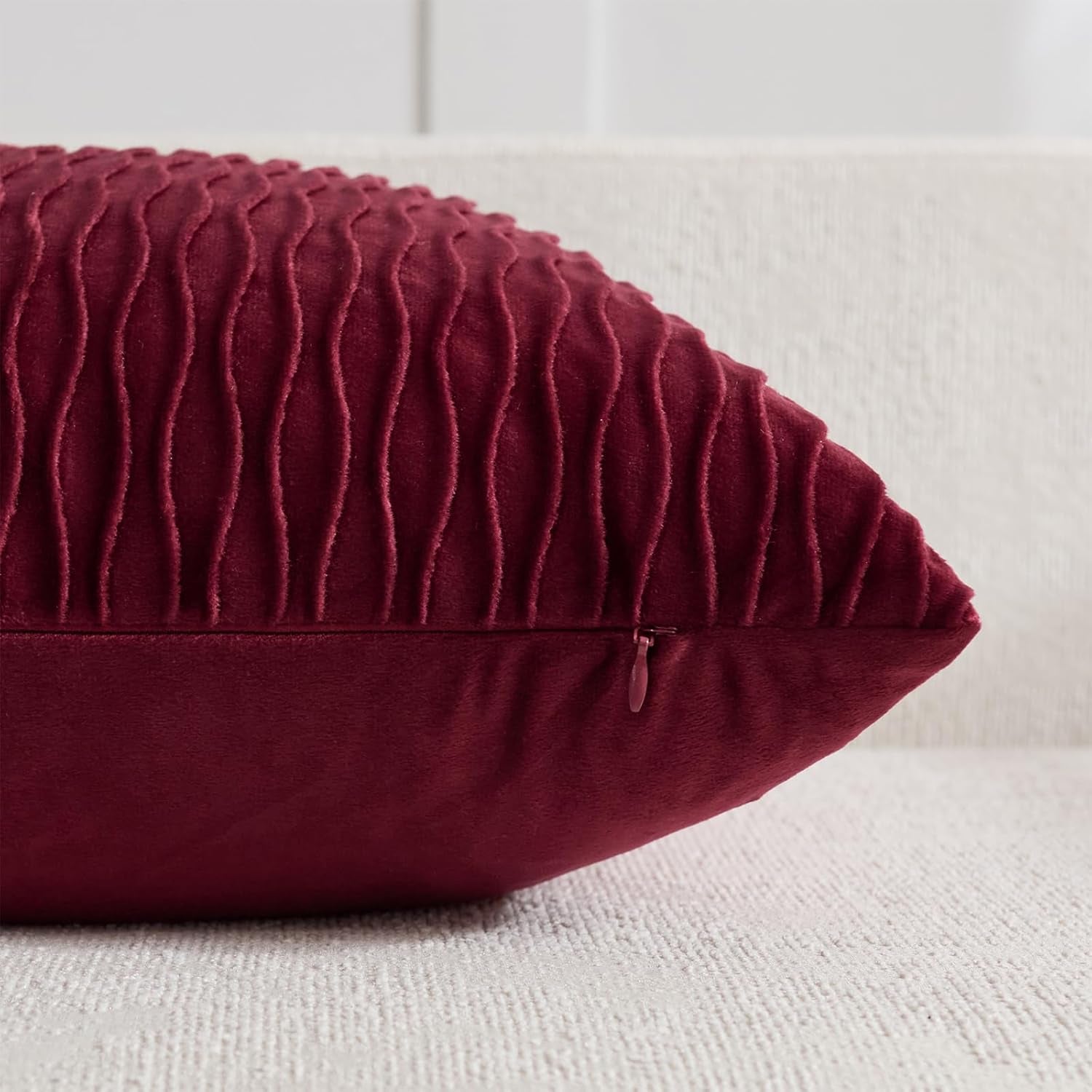 Burgundy Throw Pillow Covers: Pack of 2 24X24 Inch Vertical Ripple Striped Velvet Square Decorative Pillow Cases for Farmhouse Couch Sofa Bed Living Room Home Decor