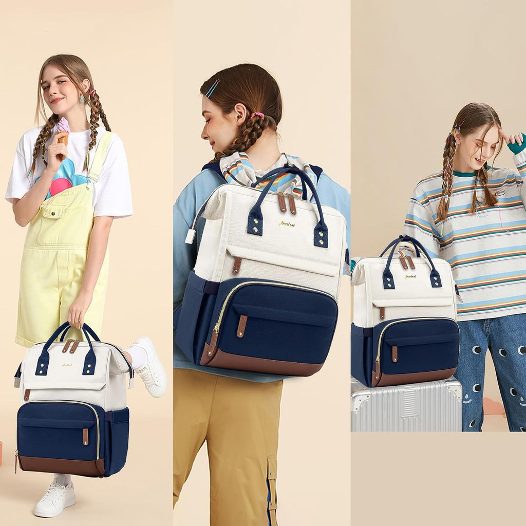 Laptop Backpack for Womem Work Bags: 17.3 Inch Travel Backpacks with USB Charging Port anti Theft Fashion College Bookbag Durable Back Pack Purse Bussiness Daypack for Nurse Teacher Navy Beige