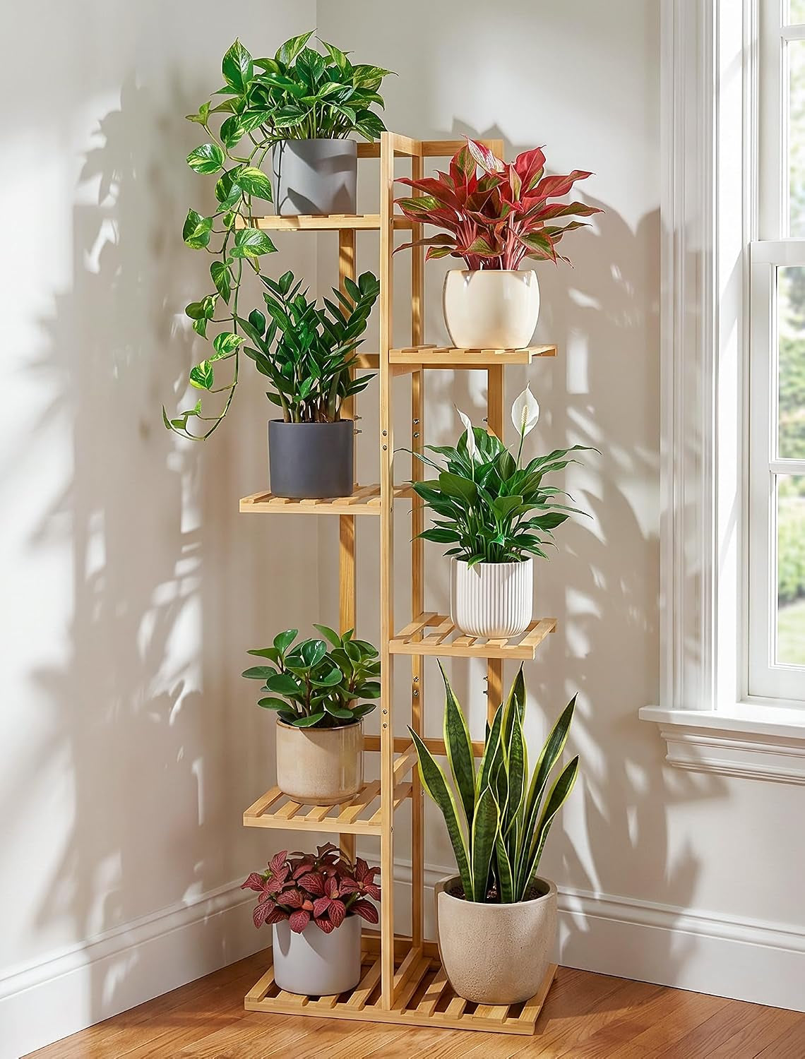 48 Inch Tall Bamboo Plant Stand for Indoor, 6 Tier 7 Potted, Natural | Corner Plant Stand, Tiered Plant Shelf, Planter Holder for Multiple Plants Indoor, Boho Style