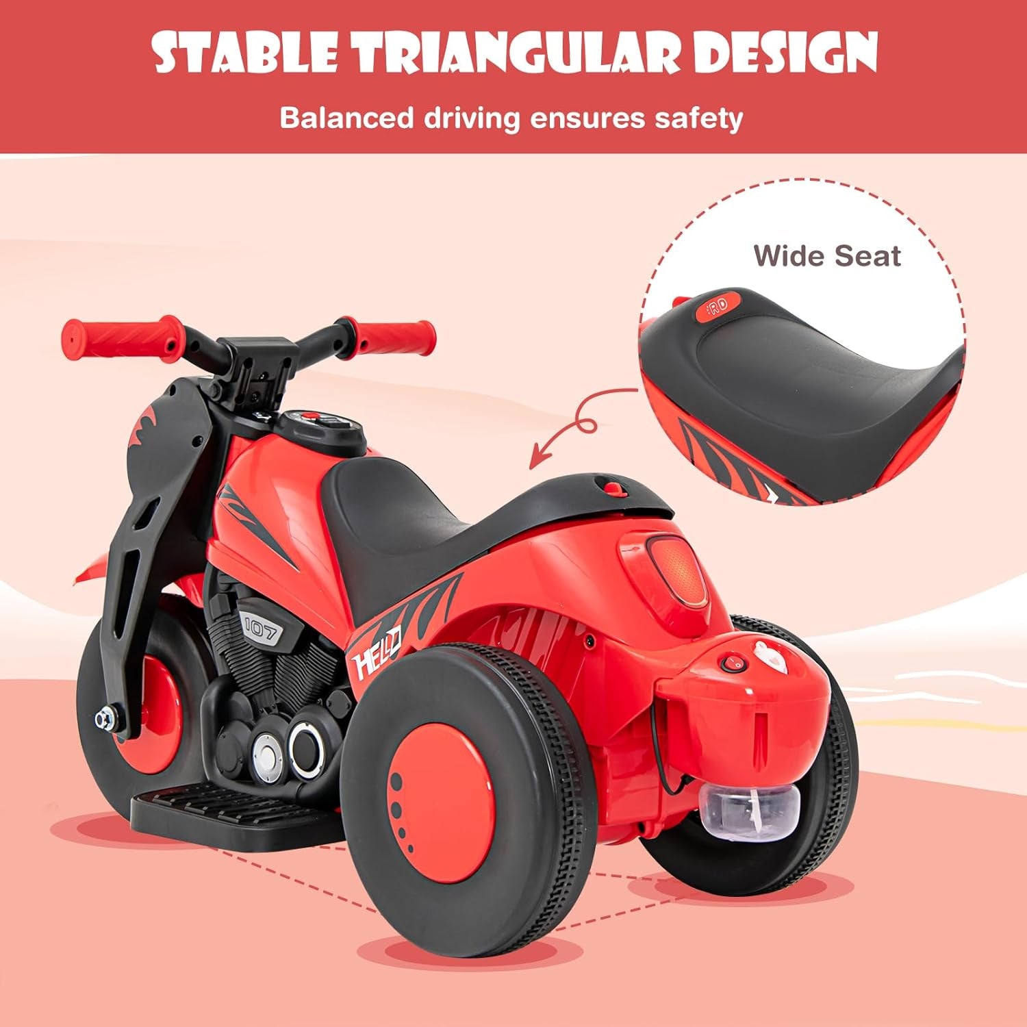 Kids Motorcycle, 6V Electric Ride on Car with Automatic Bubble Function, Foot Pedal, Headlight, Music, 3 Anti-Skip Wheels Vehicle for Children, Toddler Ages 3+