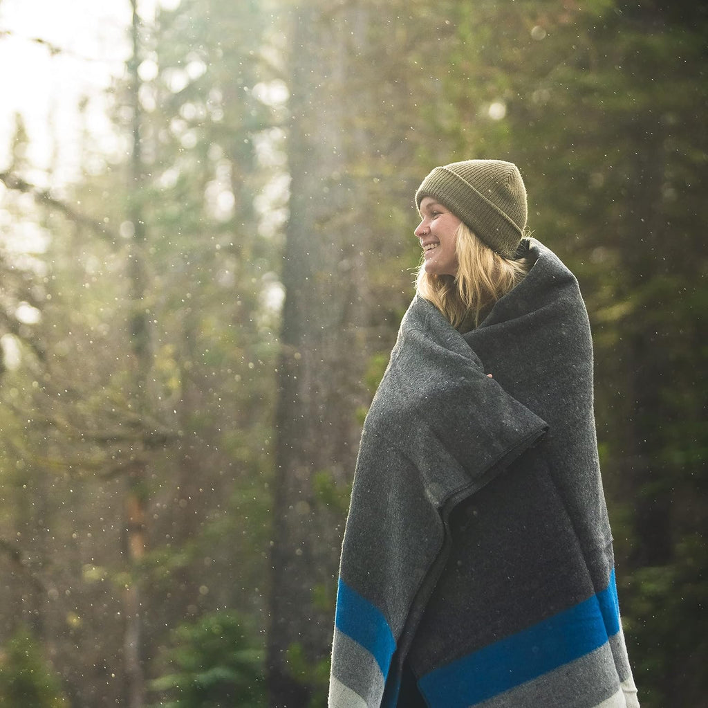 Rainier Wool Blanket - 4.5Lbs Warm, Heavy, Washable, Large | Great for Camping, Outdoors, Survival & Emergency Kits (White Blue Gray)