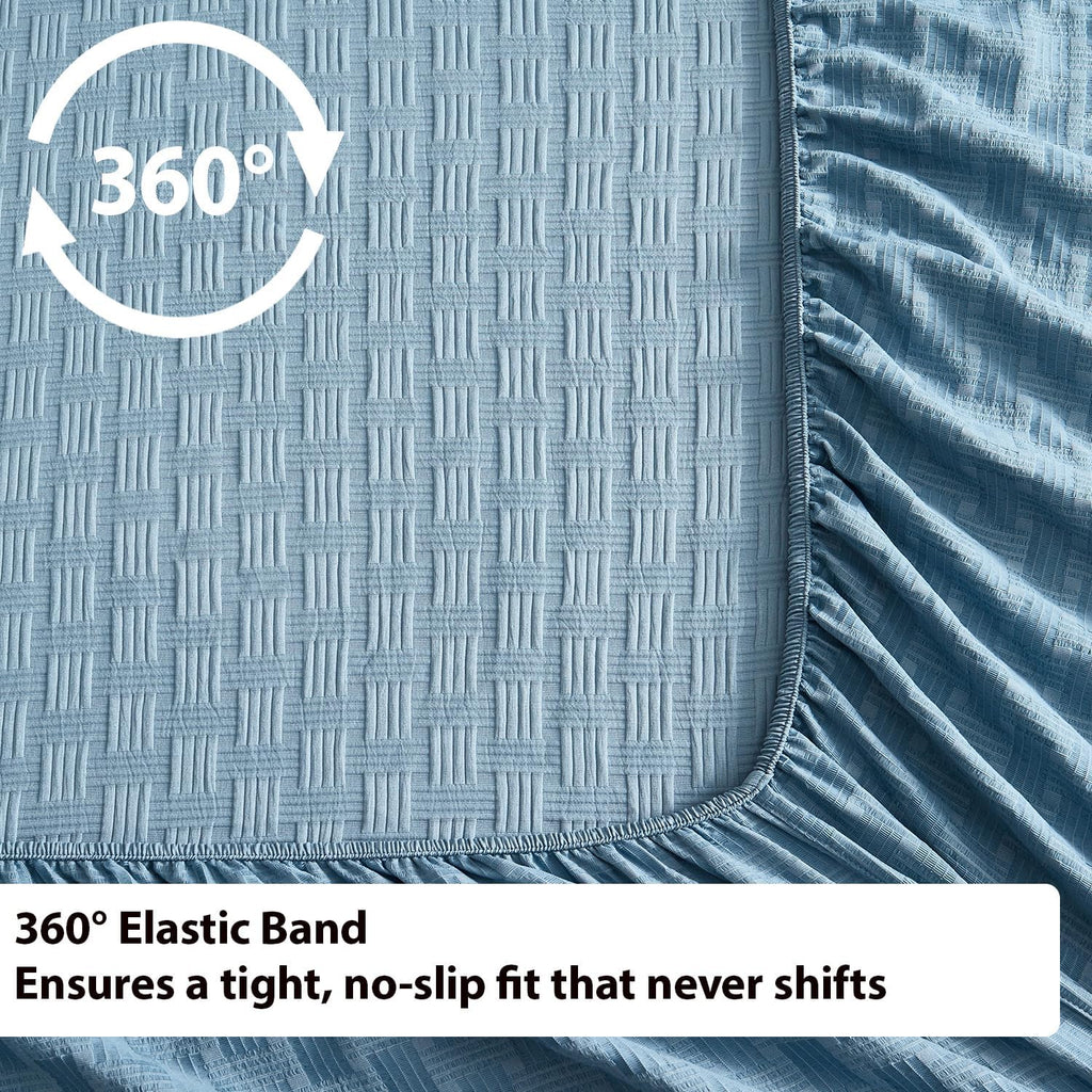 Woven Grid Soft Bed Sheets 4 Piece Set - Luxury Breathable Queen Size Cooling Sheets with 1Fitted Sheet, 1Flat Sheet & 2 Pillowcases- Deep Pocket Fitted Sheet up to 18 Inches (Blue Grey)