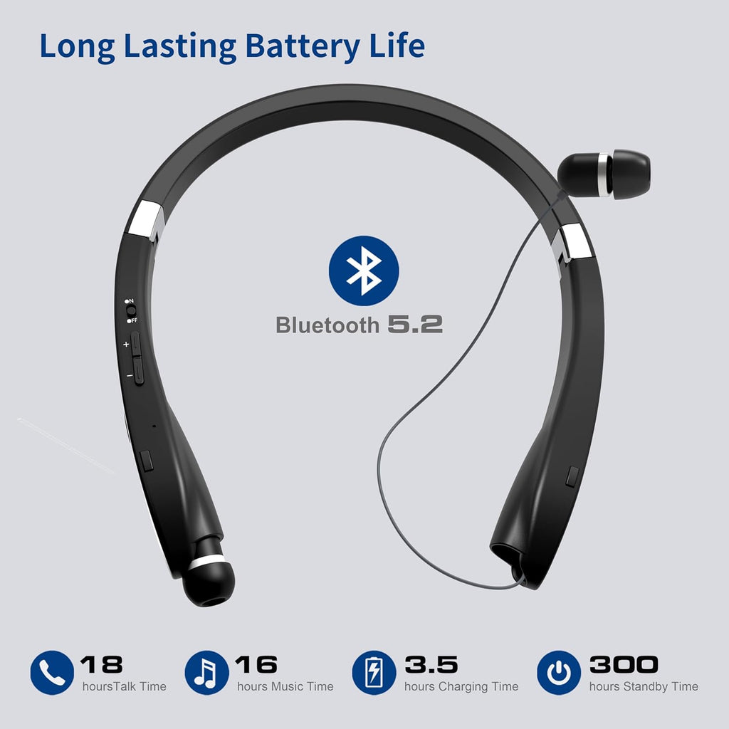 Bluetooth Neckband Headphones,  Foldable Wireless Lightweight Neck Headset with Retractable Earbuds, Noise Cancelling Sweatproof Stereo Earphones with Mic & Carrying Case (Black)