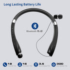 Bluetooth Neckband Headphones,  Foldable Wireless Lightweight Neck Headset with Retractable Earbuds, Noise Cancelling Sweatproof Stereo Earphones with Mic & Carrying Case (Black)