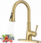 Vintage Kitchen Faucet, Pull-Down Sprayer, Brushed Gold, High Arc | 3 Modes Sprayer, 360 Swivel, Deck Plate, SUS304, Fits 1- or 3-Hole Sinks, 20-Inch Hose, Ceramic Cartridge, Lead-Free