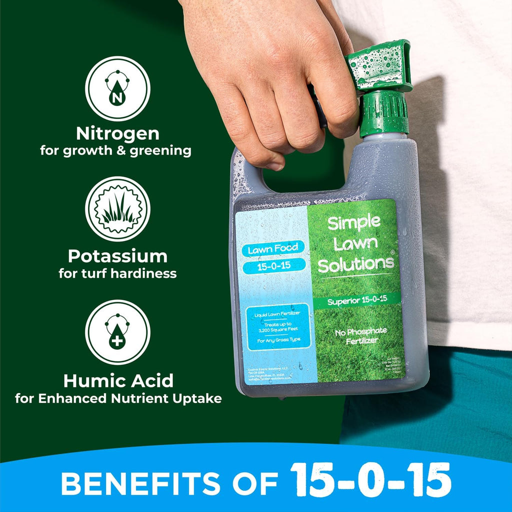 Superior 15-0-15 Liquid Lawn Fertilizer - Lawn Food for Growth & Green - Nitrogen, Potassium, Humic, Fish & Seaweed - Any Grass Type-  - All Season- Attached Sprayer (32 Ounce)