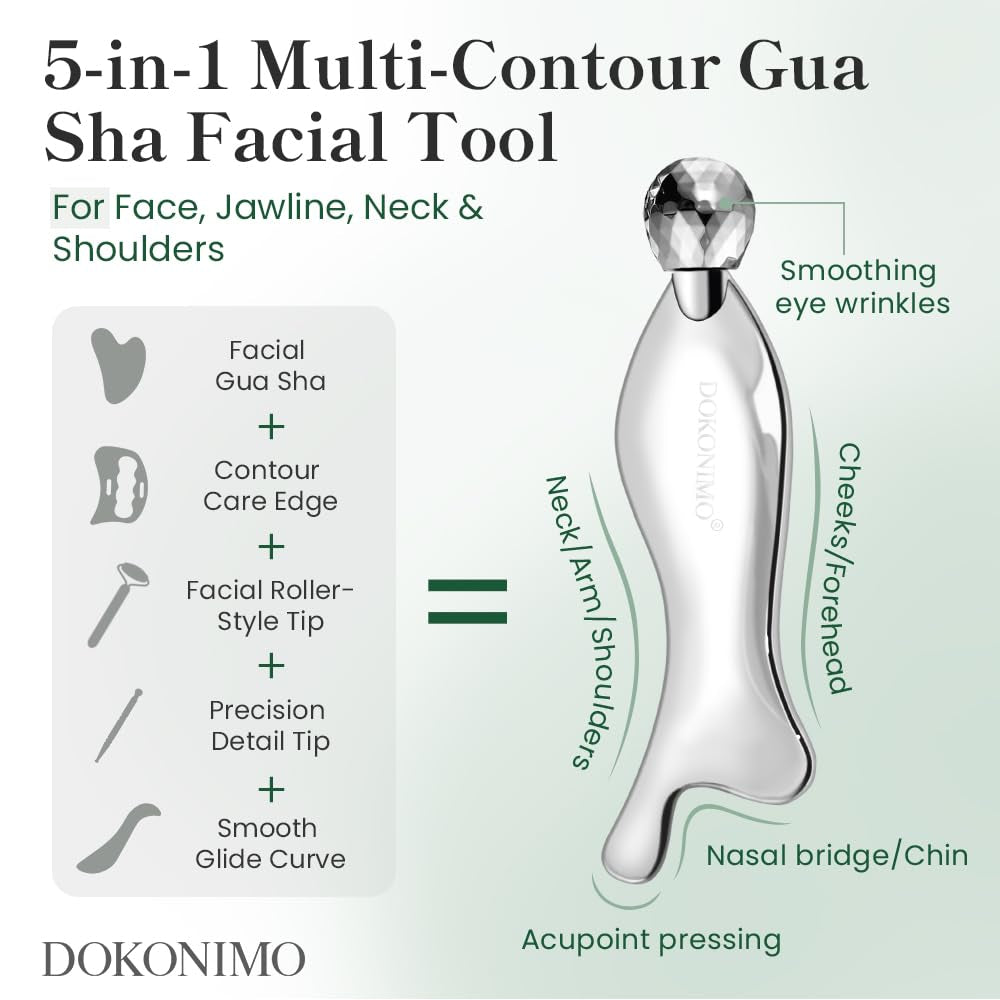 FSA, HSA Eligible, 5-In-1 Multi-Contour Gua Sha Facial Tool | Facial Rollers & Metal Skincare Tool for Face, Jawline, Neck and Shoulder Care, Reusable Beauty Tool for Daily Self-Care