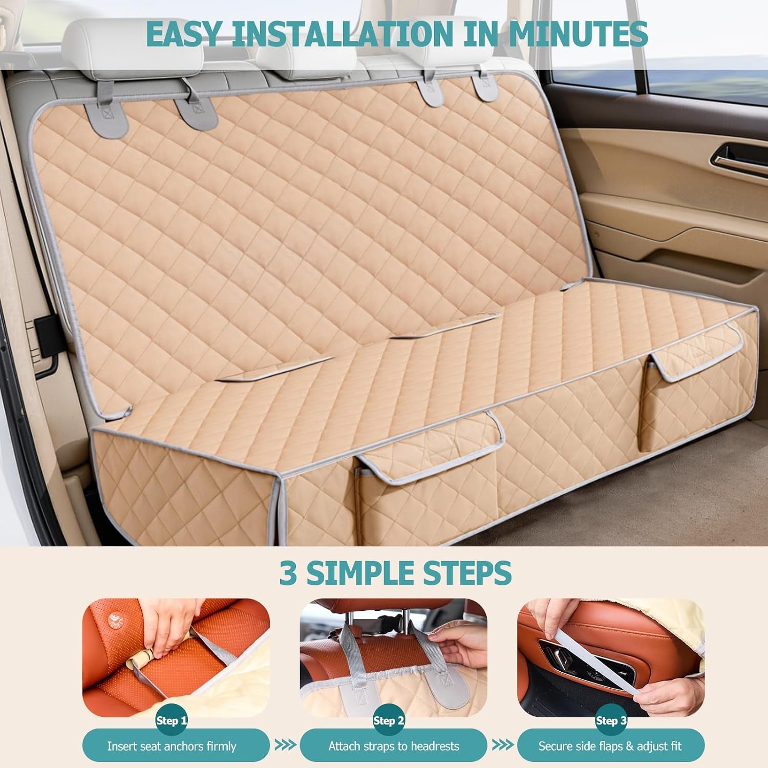 Dog Car Seat Cover for Back Seat Waterproof Backseat Protector, Nonslip Rear Seat Cover for Kids,Universal Size Fits Cars Trucks Suvs (Beige)