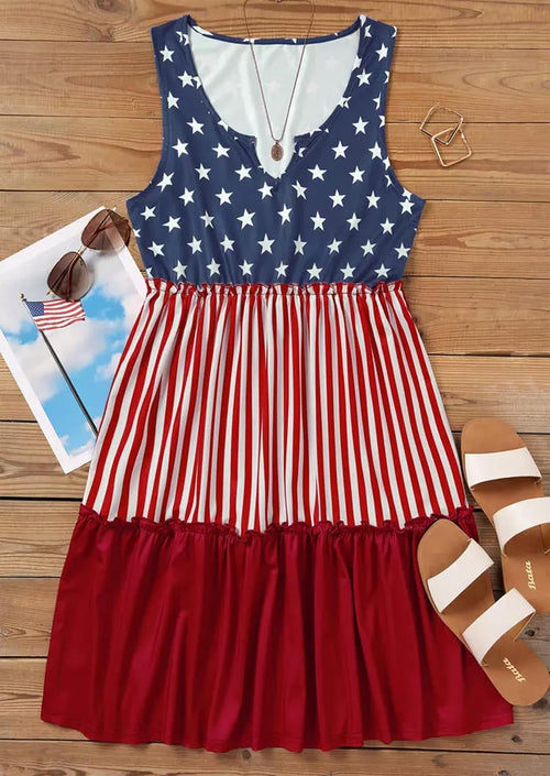 American Flag Star Vertical Striped Ruffled Mini Dress Women 4Th of July Patriotic Dresses Casual Tank Dress