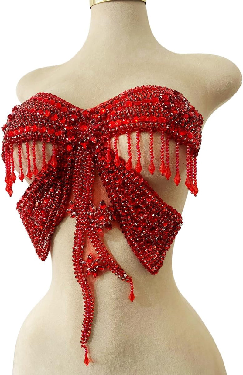 Butterfly Shape Bodysuit Applique Pure Hand-Stitched Beads and Crystal Patches Creative Tassels Shiny Dress Decorative Accessories (Red)
