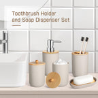 Bathroom Accessories Set 5 Pcs, Plastic Beige Bathroom Decor, Soap Dispenser and Toothbrush Holder Set, Soap Dish, Cotton Swab Jar, Bathroom Set, Boho Bathroom Organizer Accessory