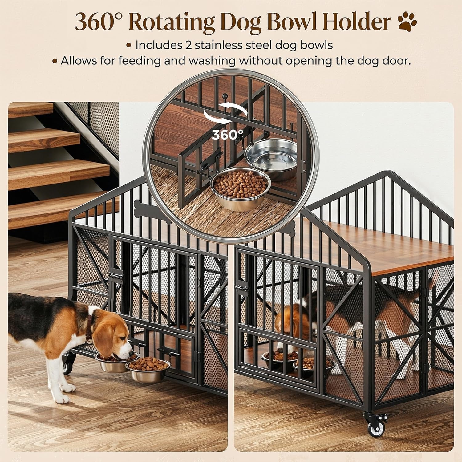 41.5" Foldable Dog Crate Furniture with 5 Wheels & Rotating Bowls | No Assembly. Foldable Frame. 5-Wheel Base. 2 Rotating Bowls. for Small/Medium Dogs. 41.5"L X 24.8"W X 35.1"H. Rustic Brown.