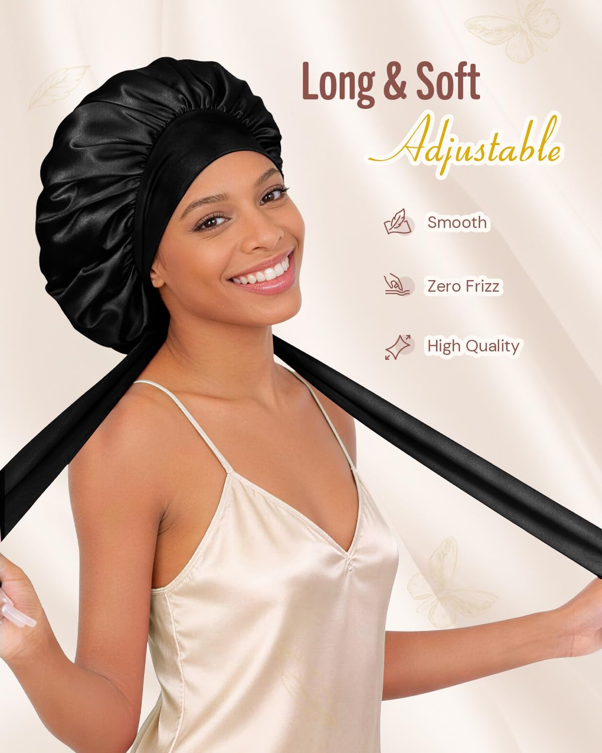 Double Layer Silk Bonnet for Sleeping for Women Satin Lined Bonnet Night Cap for Curly Hair with Tie Band,Black