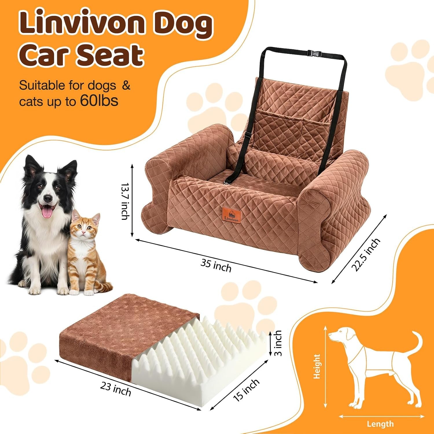 Dog Car Seat for Medium/Large Dogs up to 60LBS Memory Foam Dog Booster Seat | with Thick Cushion, Pet Car Seat for Back with Detachable Washable Cover, Storage Pockets for SUV, Pick Up, Trunk, Brown