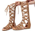 Womens Knee High Caged Gladiator Strappy Flat Sandals Fashion Cross Strap Lace up Back Zipper Open-Toe Flat Sandals Summer Outdoor Casual Shoes