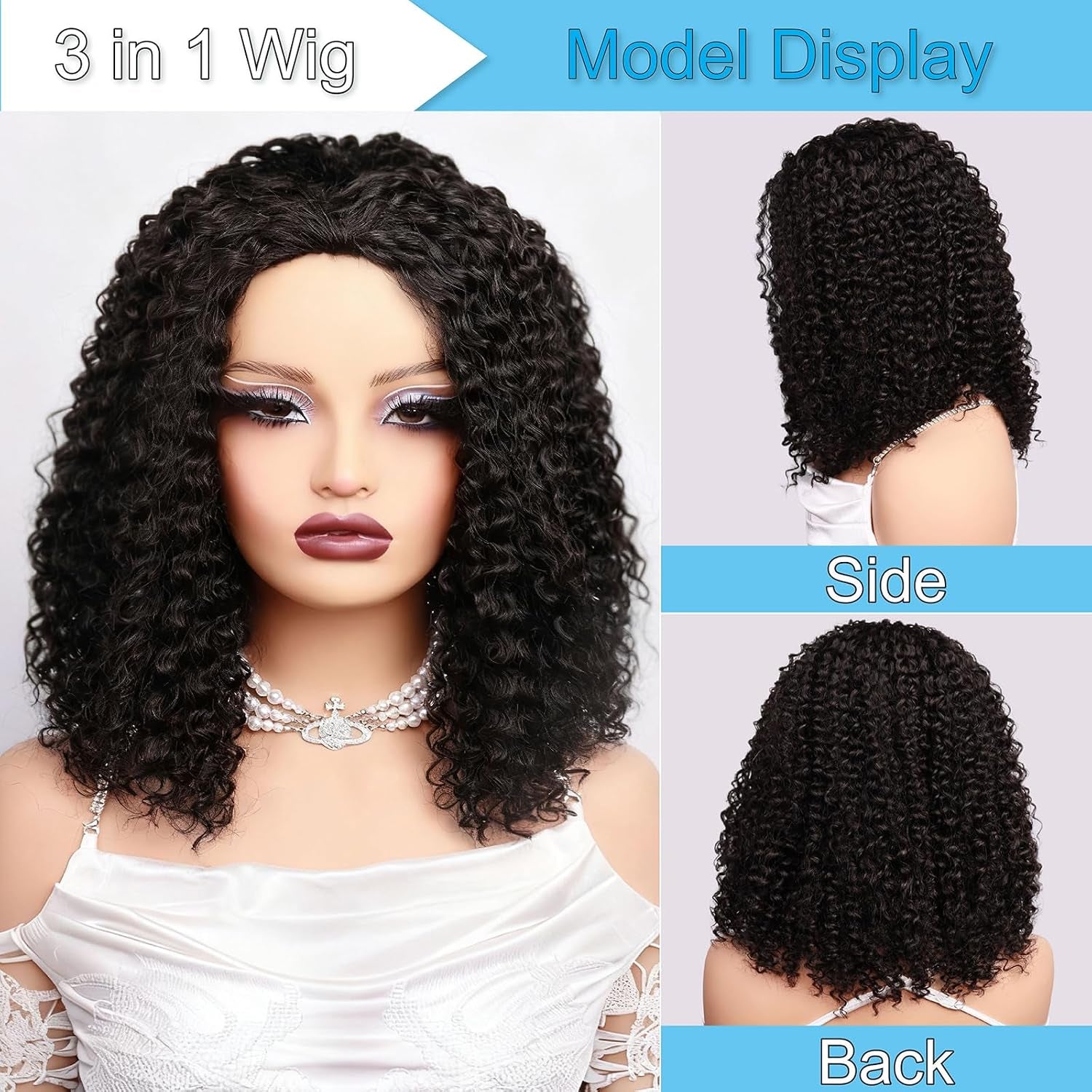 Kinky Curly Half Wigs Human Hair 180 Density 3 in 1 Seamless Flip over Half Wigs Afro Kinky Burmese Curly Deep Water Wave Glueless Wear and Go Wig Drawstring Headband Ponytail Wig for Women 14 Inch