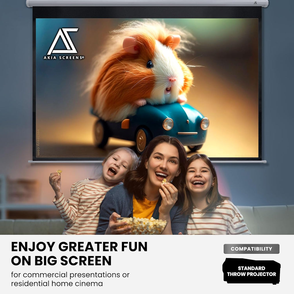 100 Inch Pull down Projector Screen, Manual Retractable 16:9, 8K / 4K HD & 3D Ready, Ceiling or Wall Mount, Auto Locking White Indoor Projection Screen for Home Theater, Office, AK-M100H1