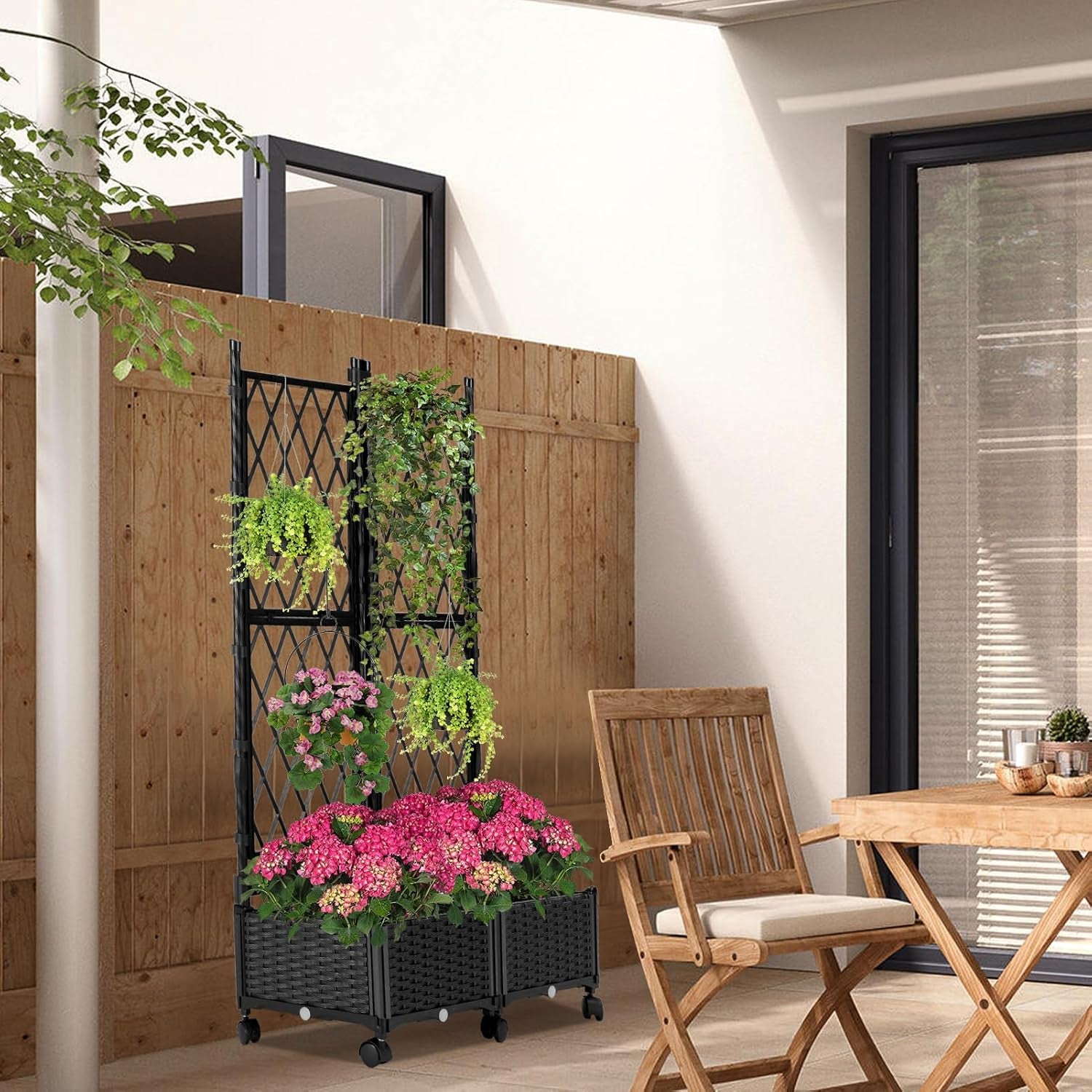 Raised Garden Beds with Screen Outdoor, Garden Trellis for Climbing Plants Indoor, Raised Privacy Planter Box with Trellis for Balcony Backyard Patio, Black, 2 Pcs