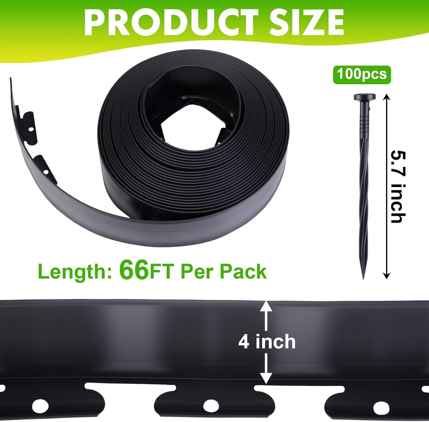 Landscape Edging, 4IN X 66FT Plastic Garden Edging Borders with 100 Spikes, Flexible No Dig Garden Border Kit for Garden, Yard, Flower Bed & Landscaping