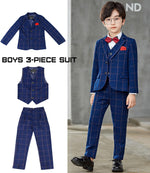 Boys Suit 3 Piece Formal Blue Plaid Slim Fit Kids Tuxedo Set Toddler Blazer Vest Dress Pants Ring Bearer Outfit