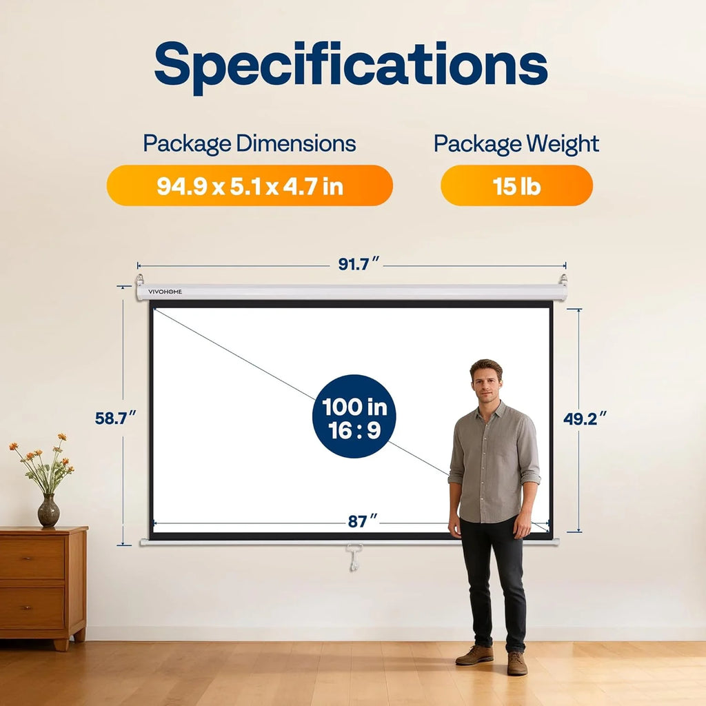 100 Inch Manual Pull down Projector Screen, 16:9 HD Retractable Projector Screens with Auto Locking for Movie Home Theater Cinema Office Video Game, White(87W X 49H Inch Display Area)
