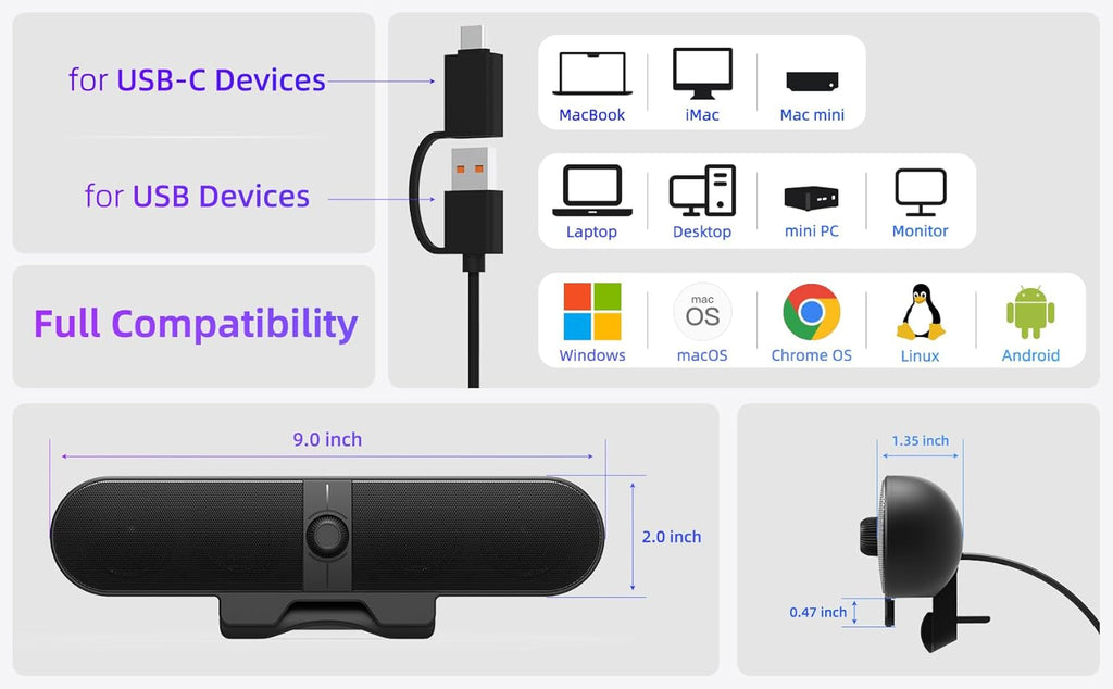 Computer Speakers for Desktop PC, Monitor Speakers with Easy Volume Knob, Sturdy Clamp, Clear Sound, Decent Bass, USB Plug in External Speakers for Laptop, Small PC Soundbar, USB-C Adapter, 5Ft Cable