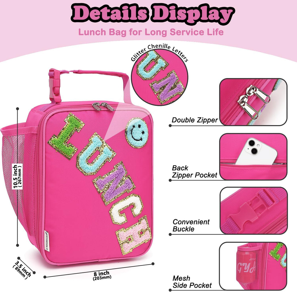 Lunch Box Insulated Soft Bag Mini Cooler Back to School Thermal Meal Tote Kit with Buckle and Mesh Side Pocket for Girls, Boys, Roseredwithletter