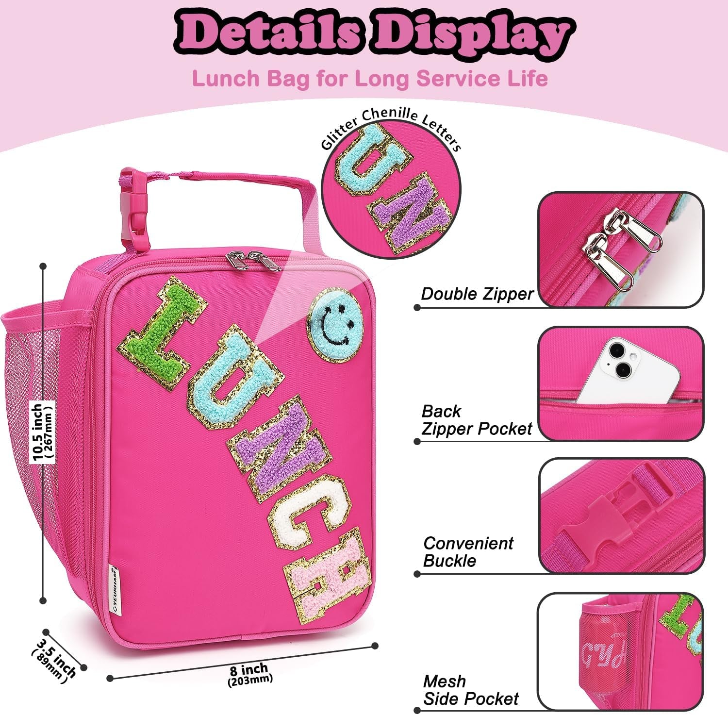 Lunch Box Insulated Soft Bag Mini Cooler Back to School Thermal Meal Tote Kit with Buckle and Mesh Side Pocket for Girls, Boys, Roseredwithletter