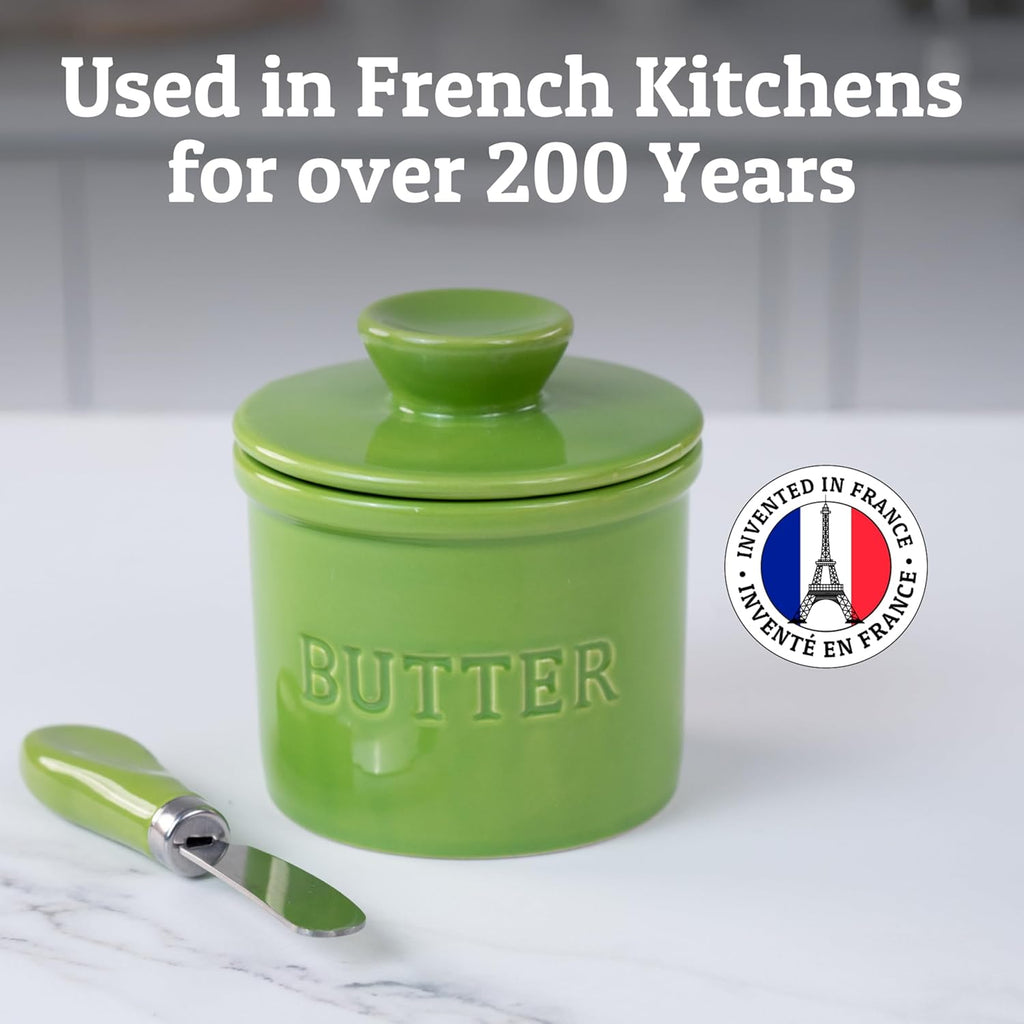 Butter Crock with Lid for Countertop with Spreader Knife and Water Line, Soft Spreadable Butter, Ceramic French Butter Dish with Lid, Green