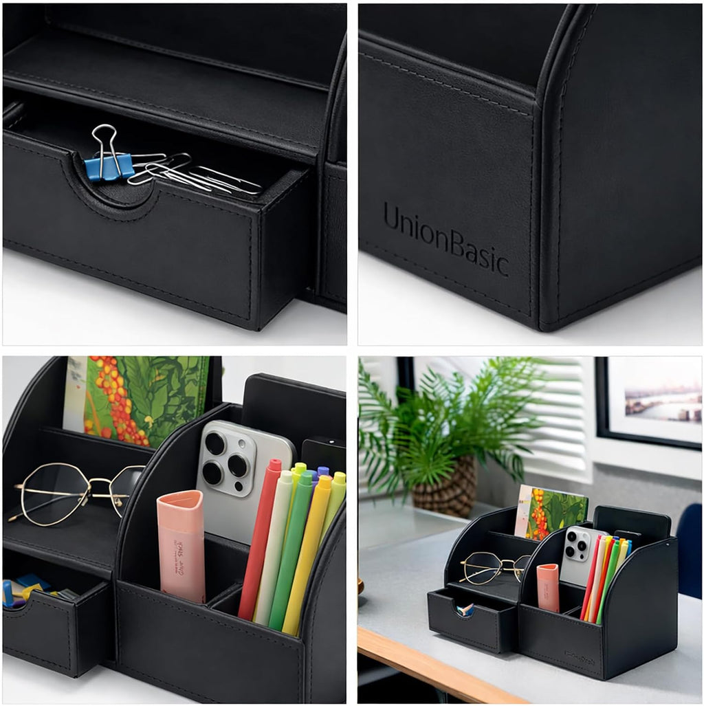 Desk Organizer - Multifunctional Leather Desktop Pen Holder Storage Box - Business Card/Pen/Pencil/Mobile Phone/Stationery Holder, Black